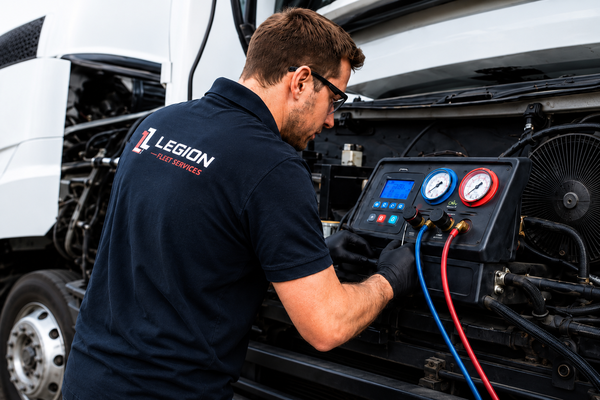 Technician performing air conditioning diagnostics on fleet vehicle